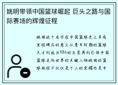 姚明带领中国篮球崛起 巨头之路与国际赛场的辉煌征程