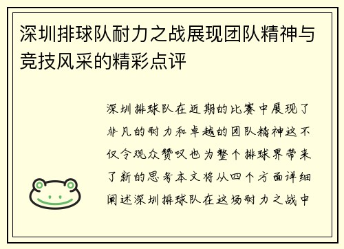 深圳排球队耐力之战展现团队精神与竞技风采的精彩点评